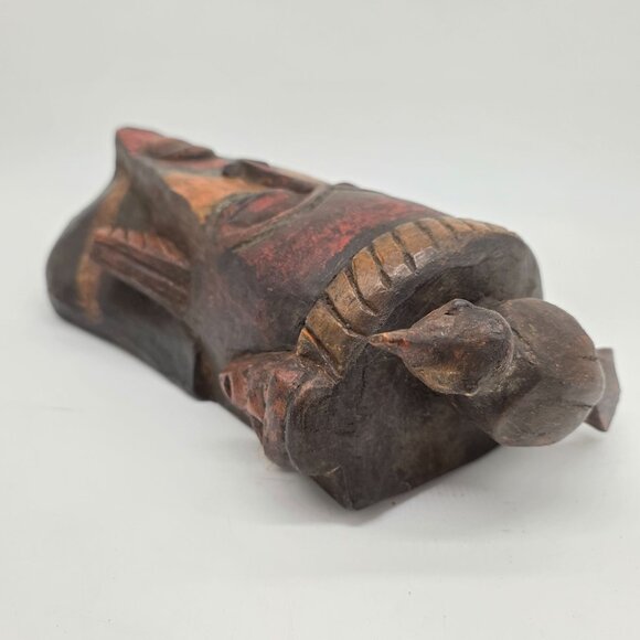 African Tribal Handcarved Wooden Mask With Bird Sculpture Decoration - Picture 8 of 10